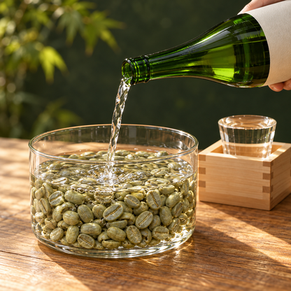 日本酒を生豆に注ぐ製法イメージ（生成画像）